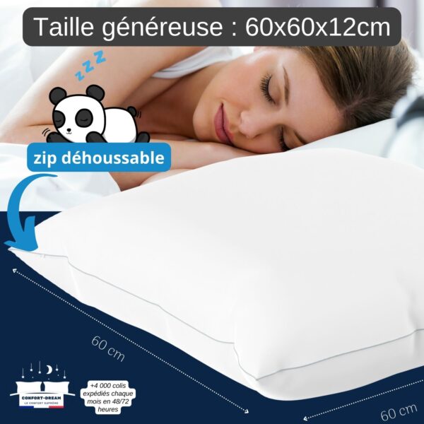 oreiller pour dormir sur le côté moelleux coussin flocons de latex femme 60x60x12cm carre housse blanche confort-dream